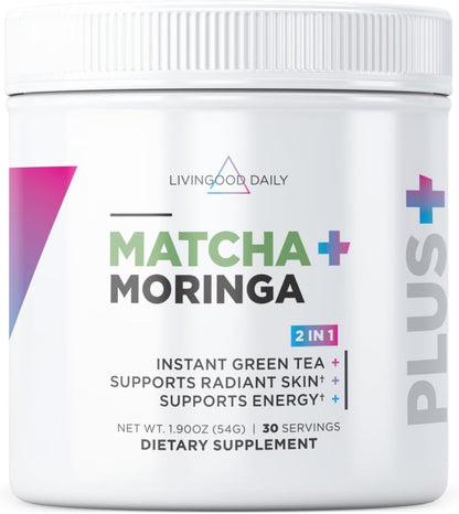 Livingood Daily Matcha + Moringa Powder, 30 Servings - 2in1 Matcha Powder and Moringa Supplement for Radiant Skin - Instant Green Tea with L Theanine - Vegan, Gluten Free, Non GMO - Made in USA