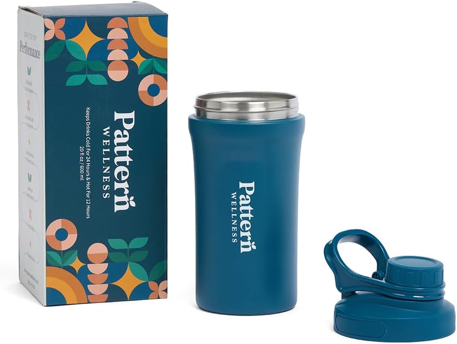 Pattern Wellness Insulated Water Bottle – 20 fl oz, Double-Wall Vacuum Sealed, Keeps Drinks Cold 24 Hrs/Hot 12 Hrs, Leak-Proof, BPA-Free, Sweat-Proof, Durable & Travel-Friendly
