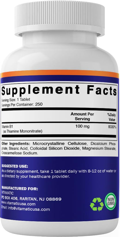 Vitamatic Vitamin B1 100 mg, 250 Tablets, Non-GMO, Thiamine | Support Energy Metabolism & Nervous System Health*, Gluten Free, Made in USA