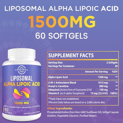 Liposomal Alpha Lipoic Acid 1500mg - with Acetyl-L-Carnitine 900mg & Ubiquinol 100mg