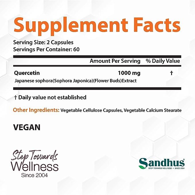 Sandhu's Quercetin 1000mg Per Serving 120 Count(Pack of 2) Vegetarian Capsules