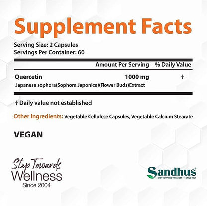 Sandhu's Quercetin 1000mg Per Serving 120 Count(Pack of 2) Vegetarian Capsules
