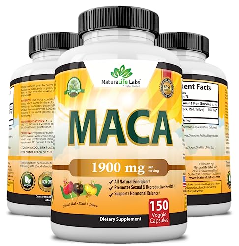 Organic Maca Root Black, Red, Yellow 1900 MG per Serving - 150 Vegan Capsules