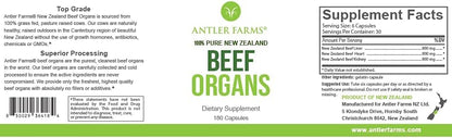 Antler Farms New Zealand Beef Organs - Heart Liver Kidney, 180 Ct, 400mg | 100% Pure Grass Fed Beef Organ Supplement, Cold Processed, Pure and Clean rBGH Free, No Fillers or Additives