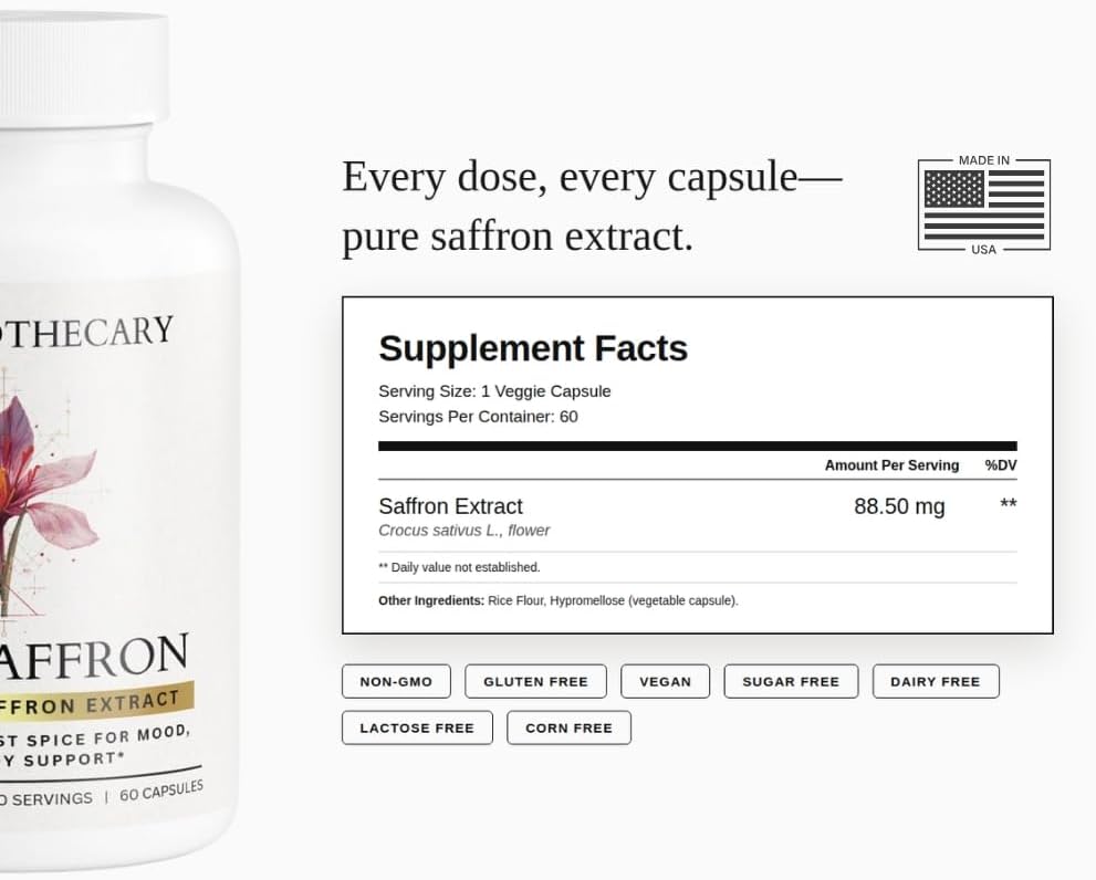 Pure Saffron Extract Capsules - Crocus Sativus Herbal Supplement - Vegan Non-GMO - 60 Caps