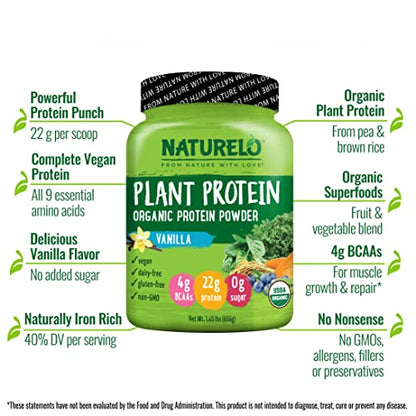 NATURELO Plant Protein Powder, Vanilla, 22g Protein - Non-GMO, Vegan, No Gluten, Dairy