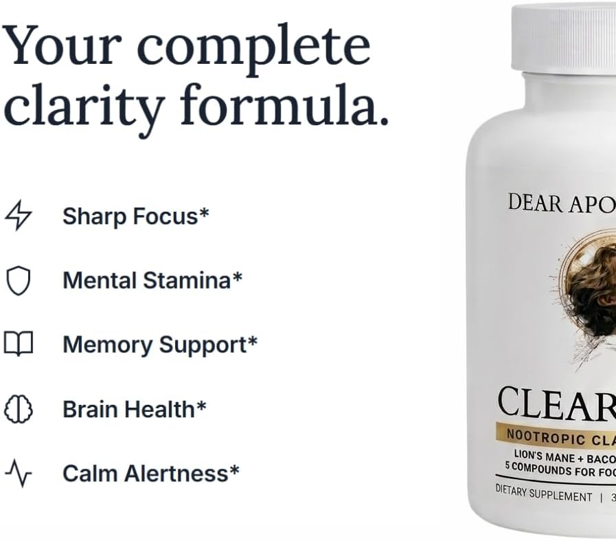 Clear Mind Nootropic Brain Support for Focus + Memory + Clarity - Concentration, Energy, Mental Performance - Lion's Mane 500mg Bacopa 200mg Rhodiola L-Theanine - Vegan Non-GMO - 60 Count