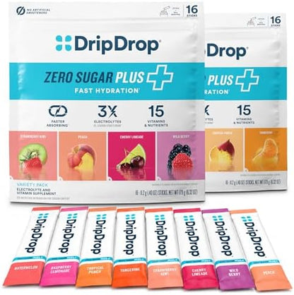 DripDrop Hydration Zero Sugar Plus Electrolyte Packets, Bundle, 32 Ct | Raspberry Lemonade, Watermelon, Tangerine, Tropical Punch, Strawberry Kiwi, Peach, Cherry Limeade, Wild Berry; Sugar Free