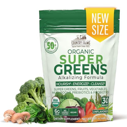 COUNTRY FARMS Super Greens Natural Flavor, 50 Organic Super Foods, USDA Organic