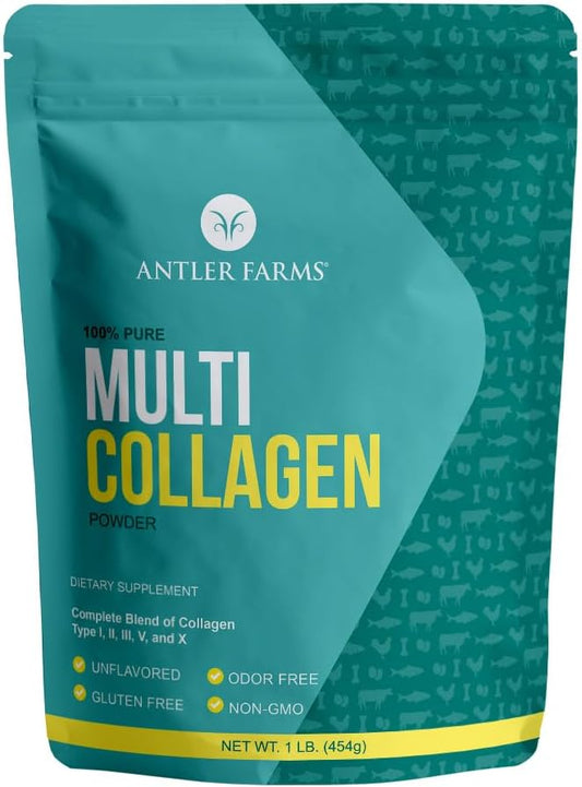 Antler Farms - Multi Collagen Protein Powder - 5 Types, Unflavored, 1 lb | 100% Pure Hydrolyzed Collagen Peptides for Men and Women, 5 Types (I, II, III, V, and X), Bioavailable, Rapid Absorption