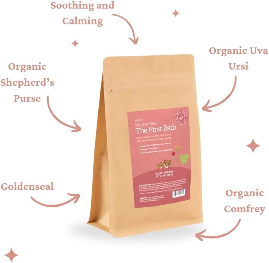 SPRIGS Mama Bear The First Bath, 8 Oz | Natural Herbal Postpartum Recovery Soak | Reusable Bathtub Bag with Sea Salt & Soothing Herbs like Uva Ursi & Goldenseal | For Postnatal Bathing & Perineal Care