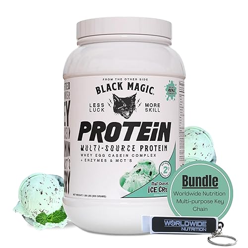 Worldwide Nutrition Bundle, 2 Items: Black Magic Multi-Source Protein Powder - Whey, Egg Albumin Enzymes, Micellar Casein & MCTs - Muscle Mass Gaining - Mint Chocolate Flavor - 2 LB and Keychain