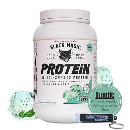 Worldwide Nutrition Bundle, 2 Items: Black Magic Multi-Source Protein Powder - Whey, Egg Albumin Enzymes, Micellar Casein & MCTs - Muscle Mass Gaining - Mint Chocolate Flavor - 2 LB and Keychain