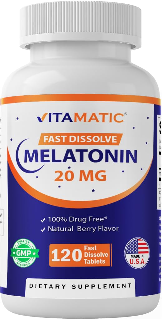 Vitamatic Melatonin 20 mg Fast Dissolve Tablets, 120 Count, Made in USA | Support Restful Sleep & Healthy Sleep Cycles*, Non GMO, Gluten Free