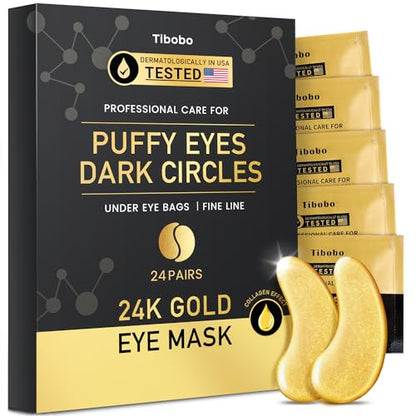 Tibobo Under Eye Patches (24 Pairs) - 24K Gold Eye Masks Enriched with Abundant 