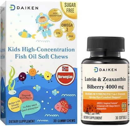 DAIKEN Bundle: Kids Fish Oil Omega-3 Gummies 300mg DHA/EPA w/Vitamin D3, Norwegian Sourced & Lutein Zeaxanthin Supplement, Plant-Based Formula w/Astaxanthin, Maqui Berry & Bilberry, 30ct + 30 Softgel