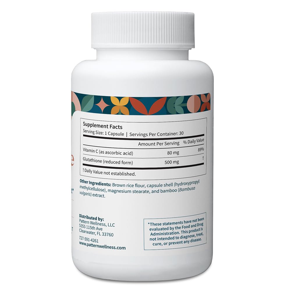 Pattern Wellness Glutathione Supplement - Active Reduced Glutathione Formula with Added Vitamin C - Cell, Antioxidant, + Immune Health Support - 30 Vegan Capsules