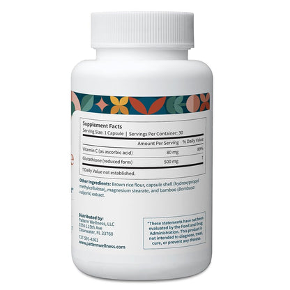 Pattern Wellness Glutathione Supplement - Active Reduced Glutathione Formula with Added Vitamin C - Cell, Antioxidant, + Immune Health Support - 30 Vegan Capsules