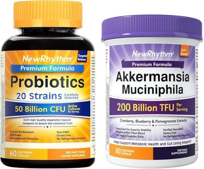 NewRhythm Probiotics Bundle, 50 Billion CFU 20 Strains and Akkermansia Muciniphila 200B TFU, Digestive Health and Immune Health, Booster Gut Lining Repair, 60 Veggie Capsules
