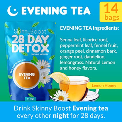 SkinnyBoost 28 Day Detox Tea Kit-1 Daytime (28 Bags) 1 Evening (14 Bags) Non GMO