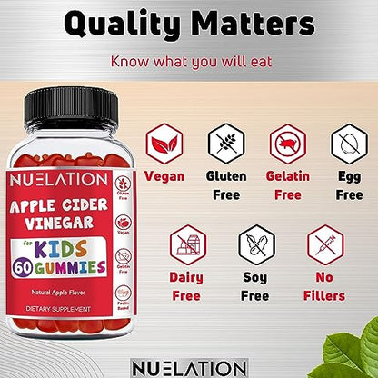 NUELATION Apple Cider Vinegar Gummies for Kids, 60 Servings. Gluten Free, Vegan and Gelatin