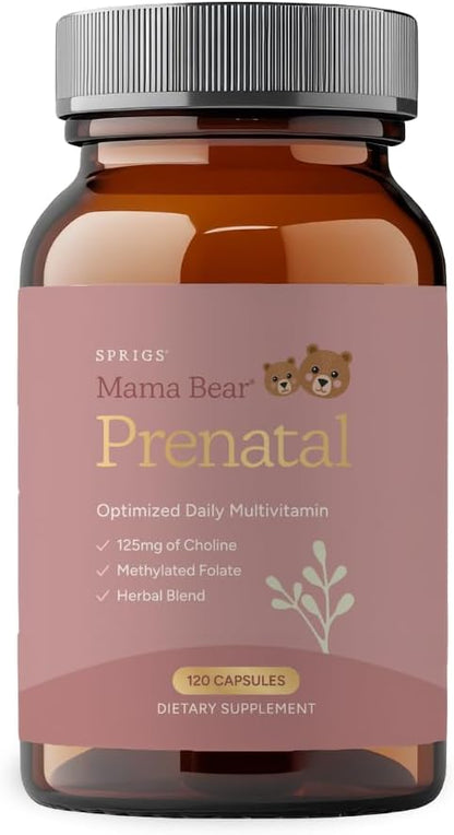SPRIGS Mama Bear Prenatal Gold Multivitamin with Methylated Folate & Choline, Easy to Digest Prenatal Vitamins for Women, Clean Herbal Blend Pregnancy Support Supplement, 120 Capsules