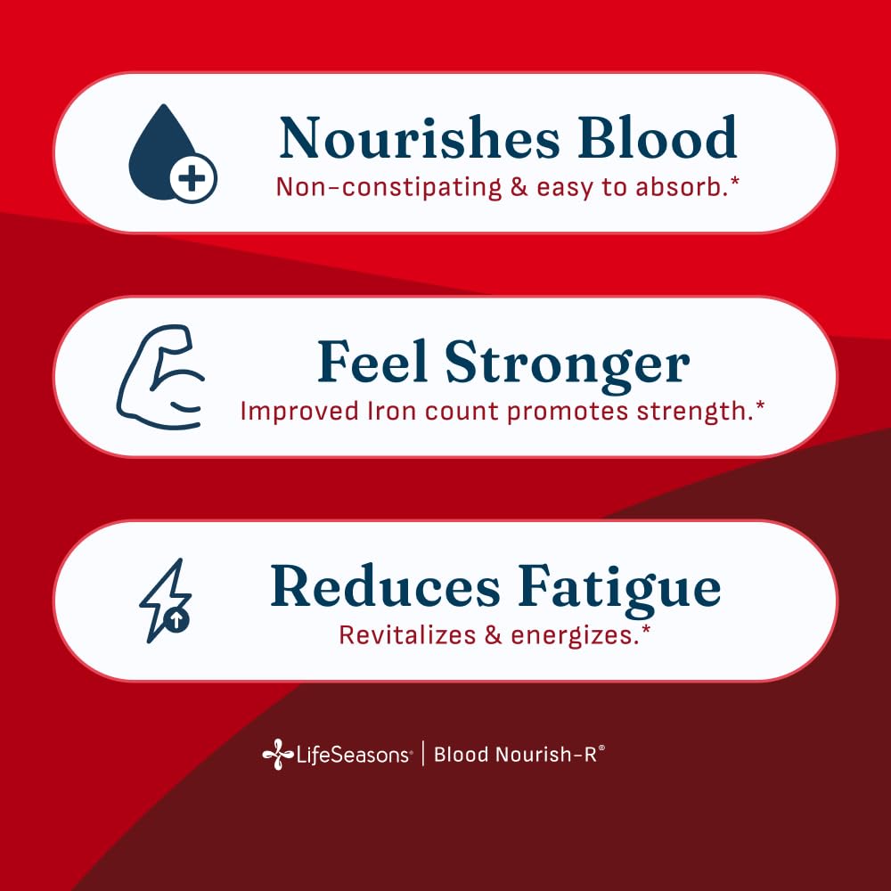 LifeSeasons Blood Nourish-R - Iron Deficiency Supplement - Supports Anemia, Fatigue & Dizziness - No Constipation - Blood Building - Iron, Beet Root, Alfalfa, Raspberry & Vitamin B-12-60 Capsules