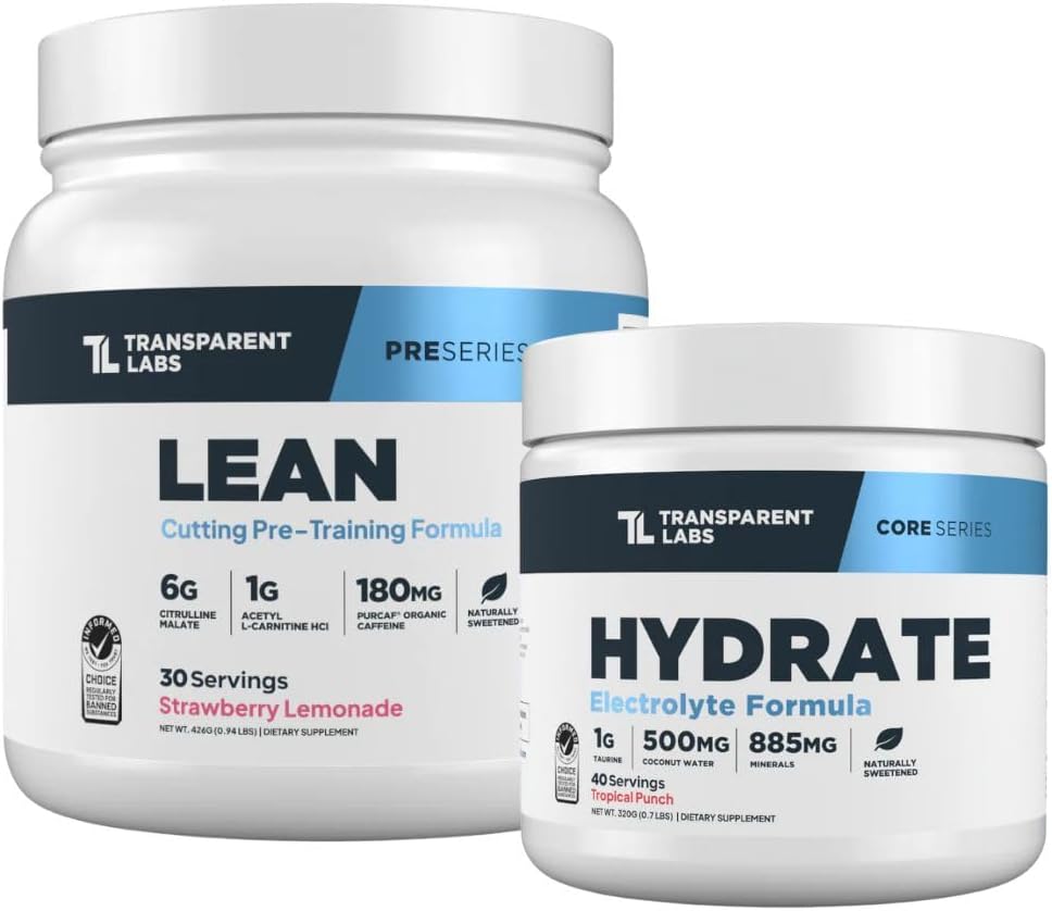 Transparent Labs Lean Pre-Workout (30 Servings, Strawberry Lemonade) & Hydrate Electrolytes Powder (40 Servings, Tropical Punch)