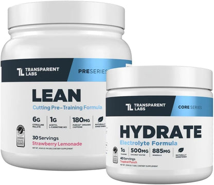 Transparent Labs Lean Pre-Workout (30 Servings, Strawberry Lemonade) & Hydrate Electrolytes Powder (40 Servings, Tropical Punch)