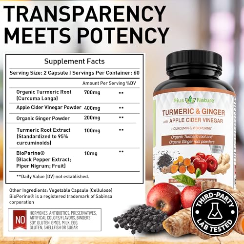 PIUS NATURE Turmeric Curcumin and Ginger with Apple Cider Vinegar, USDA Organic