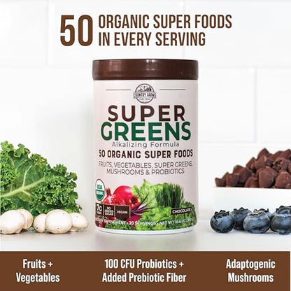COUNTRY FARMS Super Greens Chocolate Flavor, 50 Organic Super Foods, USDA