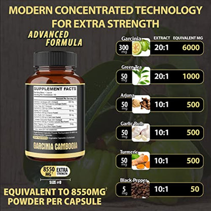 Premium Garcinia Cambogia 20:1 Extract Capsules 8550 mg - with Green Tea, Arjuna