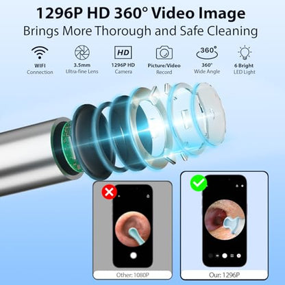 Ear Wax Removal, Ear Wax Removal Tool with 1296P HD Camera and 6 LED Lights