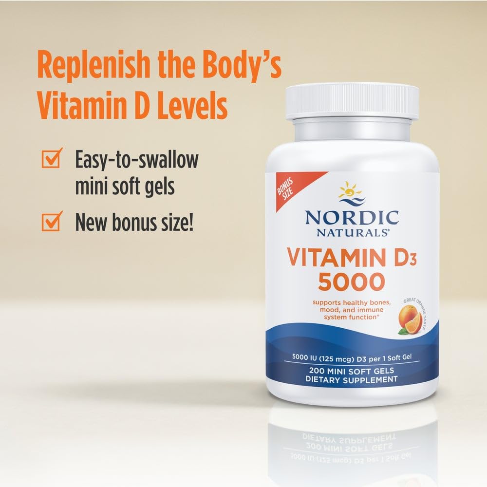 Nordic Naturals Vitamin D3 5000 IU,Non-GMO, Orange - 120 Mini Softgels | High-potency vitamin D3 for bone health, mood support & immune function. One mini softgel daily. Non-GMO. 120 servings