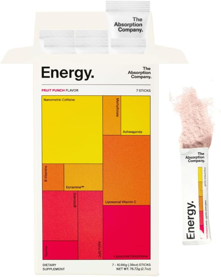 The Absorption Company Energy Drink Mix - 150mg Vitamin C Powder - 7 Pack | Liposomal Clean Alertness Booster, High-Absorption Natural Caffeine, Recovery Boost Water Supplement, Fruit Punch Packets