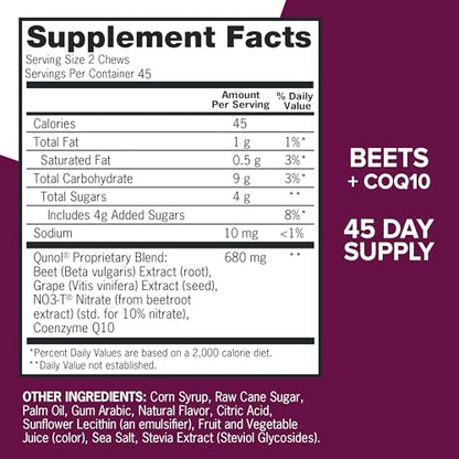 Qunol Beets Chews for Blood Pressure Support, 3 in 1 Beets + CoQ10 + Grape Seed Extract
