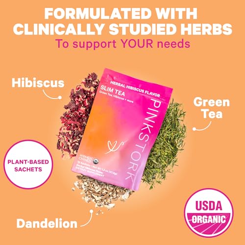 Pink Stork Slim Tea with Organic Dandelion Root, Green Tea, Ginger and Hibiscus for Detox