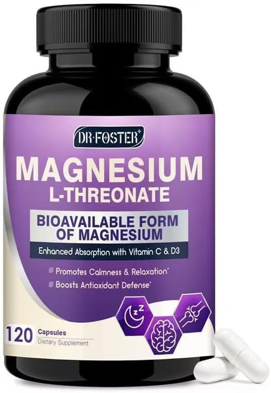 DRFOSTER Magnesium L-Threonate 2000 mg, Plus Vitamin C & D3, 120 Capsules | Provide 144 mg Mag, High Absorption, Brain Health for Women and Men, Supports Cognitive & Sleep, Vegan, Non-GMO, Gluten Free