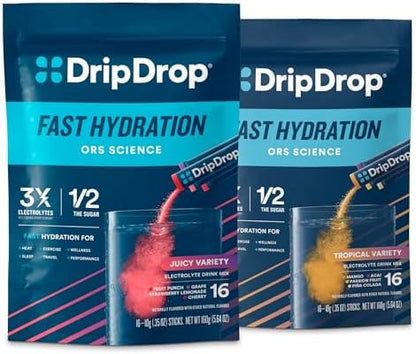 DripDrop Hydration Juicy Tropical Variety Bundle Electrolyte Packets, 32 Ct | Grape, Fruit Punch, Strawberry Lemonade, Cherry, Mango, Açaí, Passion Fruit & Piña Colada; Single Serve Powder Drink Mix
