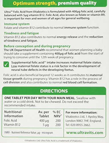 Vitabiotics Ultra Folic Acid Tablets 400 mcg Vitamin B9 with Vitamin B12-60 Tablets