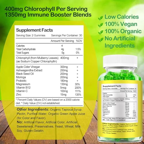 Organic Chlorophyll Gummies with Ashwagandha, Black Seed Oil, Apple Cider Vinegar