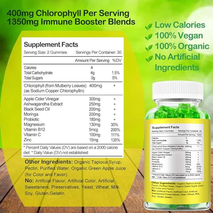 Organic Chlorophyll Gummies with Ashwagandha, Black Seed Oil, Apple Cider Vinegar