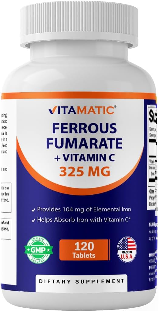 Vitamatic Ferrous Fumarate 325 mg + Vitamin C 100 mg (104 mg Elemental Iron) – High Potency Iron Supplement – Gentle on Stomach, 120 Coated Tablets, Made in USA
