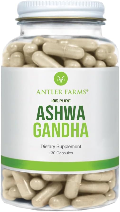 Antler Farms Ashwagandha Root & Extract - 130 Capsules, 1200mg | 100% Pure Organic Ashwagandha Capsules, Standardized to 5% Withanolides, Enhances Mental Performance, Energy, and Immunity