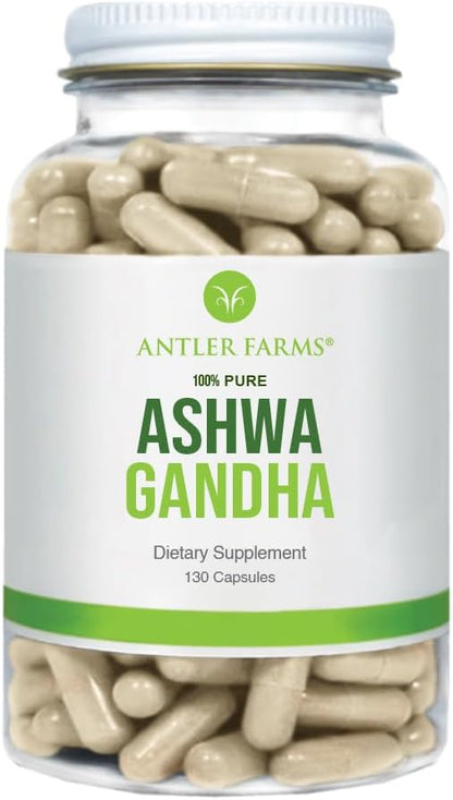 Antler Farms Ashwagandha Root & Extract - 130 Capsules, 1200mg | 100% Pure Organic Ashwagandha Capsules, Standardized to 5% Withanolides, Enhances Mental Performance, Energy, and Immunity