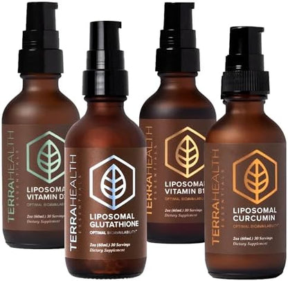 Terra Health Essentials 4-Pack Liposomal Supplement Bundle - Glutathione, Curcumin, Vitamin D3+K2 & Vitamin B12 - Antioxidant, Energy, Immune & Active Aging Support - 2oz Each, 30 Day Supply