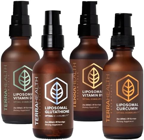 Terra Health Essentials 4-Pack Liposomal Supplement Bundle - Glutathione, Curcumin, Vitamin D3+K2 & Vitamin B12 - Antioxidant, Energy, Immune & Active Aging Support - 2oz Each, 30 Day Supply