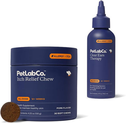 PetLab Co. Ear & Coat Support Bundle: Support Ear Health & Hygiene with Our Dog Ear Cleaner 4 Ounces & Itch Relief Chews Designed to Support Optimum Skin Condition & Maintain Skin Health 30 Count
