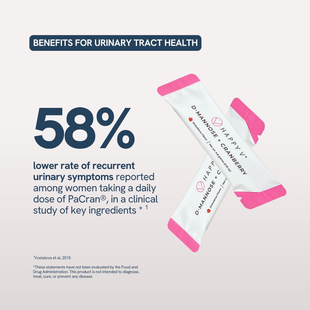 Happy V D-Mannose + Cranberry Stick Packs | Dr Formulated Urinary Tract Support Supplement | D Mannose Supplements for Women - Bladder Support - Promotes Urinary Comfort - 15 Stick Packs