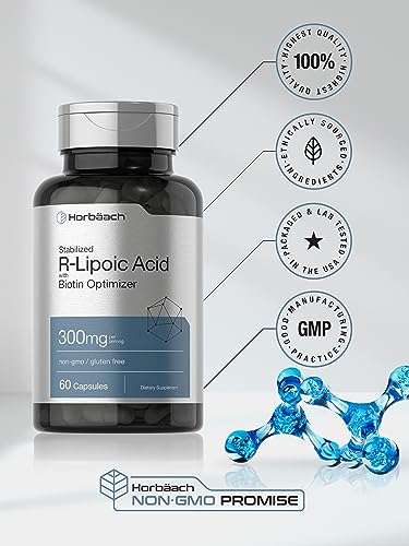 Stabilized R-Lipoic Acid 300mg | 60 Capsules | with Biotin Optimizer | Non-GMO, Gluten